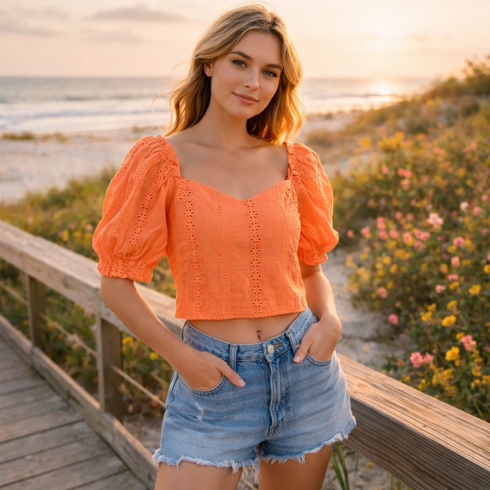Wild Fable Orange Eyelet Puff Sleeve Crop Top Sweetheart Neck Smocked Back M NEW - Picture 1 of 8